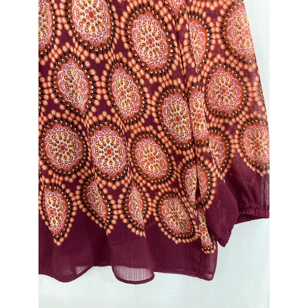 Rose & Olive Peasant Blouse XL Burgundy Boho Medallion Tassel Tie Chiffon Top - Picture 4 of 8